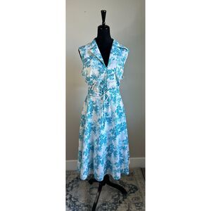 Vintage 1960's Women's Blue and White V Neck Floral Print Dress w/ Belt Size L